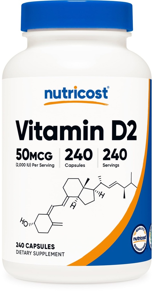 תוסף ויטמין D2 (2000 IU) 240 קפסולות - טבעוני, non-GMO, Gluten-Free, צד שלישי נבדק