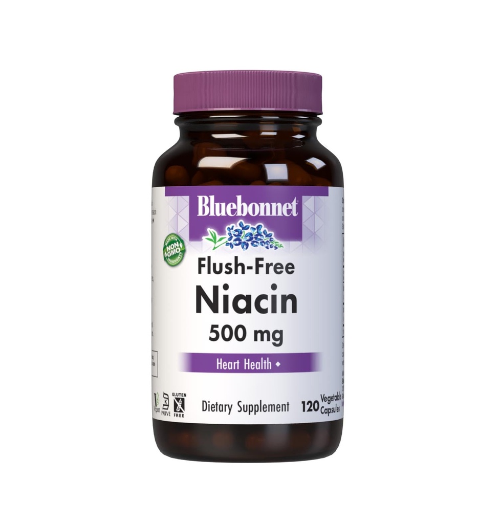 BlueBonnet Nutrition Flush-Free Niacin 500 מ"ג, עבור קפסולות ירקות תמיכה תזונתית, סויה / Dairy / Gluten חינם, non-GMO, מוסמך כשר, לבן, 120 הרוזן הרוזן