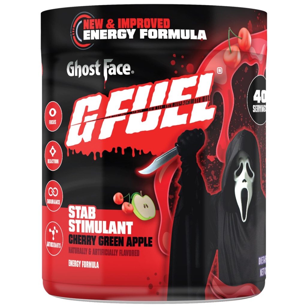 G Fuel Ghost Face Energy אבקת משקאות אנרגיה, Pre Workout Caffeine Mix for Gaming, Sugar Free Focus Amino, ויטמין + Antioxidants, 9.9oz (Cherry Green Apple, 40 משרתים)