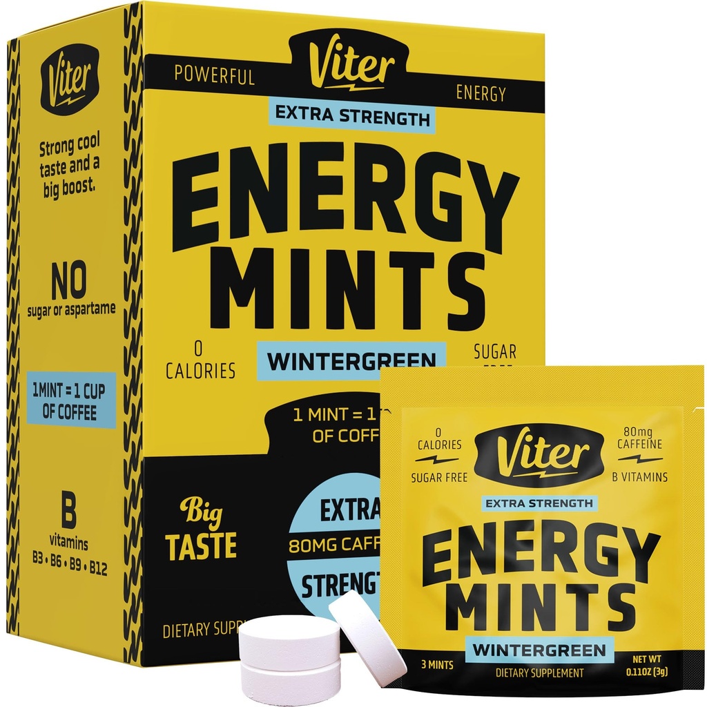 Viter Energy Caffeine Mints 80mg תוספת כוח - 90 Pieces Caffeinated עם ויטמין B. סוכר חופשי נשימה טבעונית Mint. Energyze Nootropic Focus Booster עבור התראה מהירה (Wintergreen Flavor, 30 Pack)