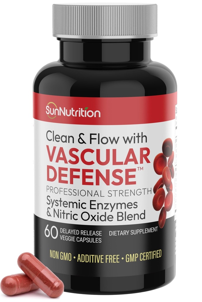 Vascular Defense Nitric Oxide Support | Systemic Enzyme Blend with Nattokinase, Lumbrokinase, Serrapeptase & Bromelain | Beet Root Extract | Spike Detox | Cardiovascular Supplement | 60 Capsules