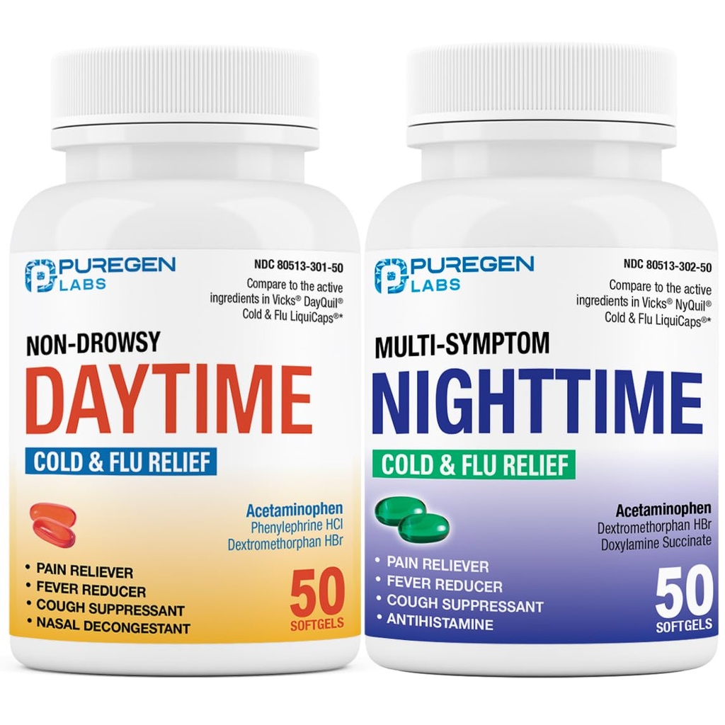 Puregen Labs Daytime ו- Nighttime Combo Pack, Cold and Flu Relief
