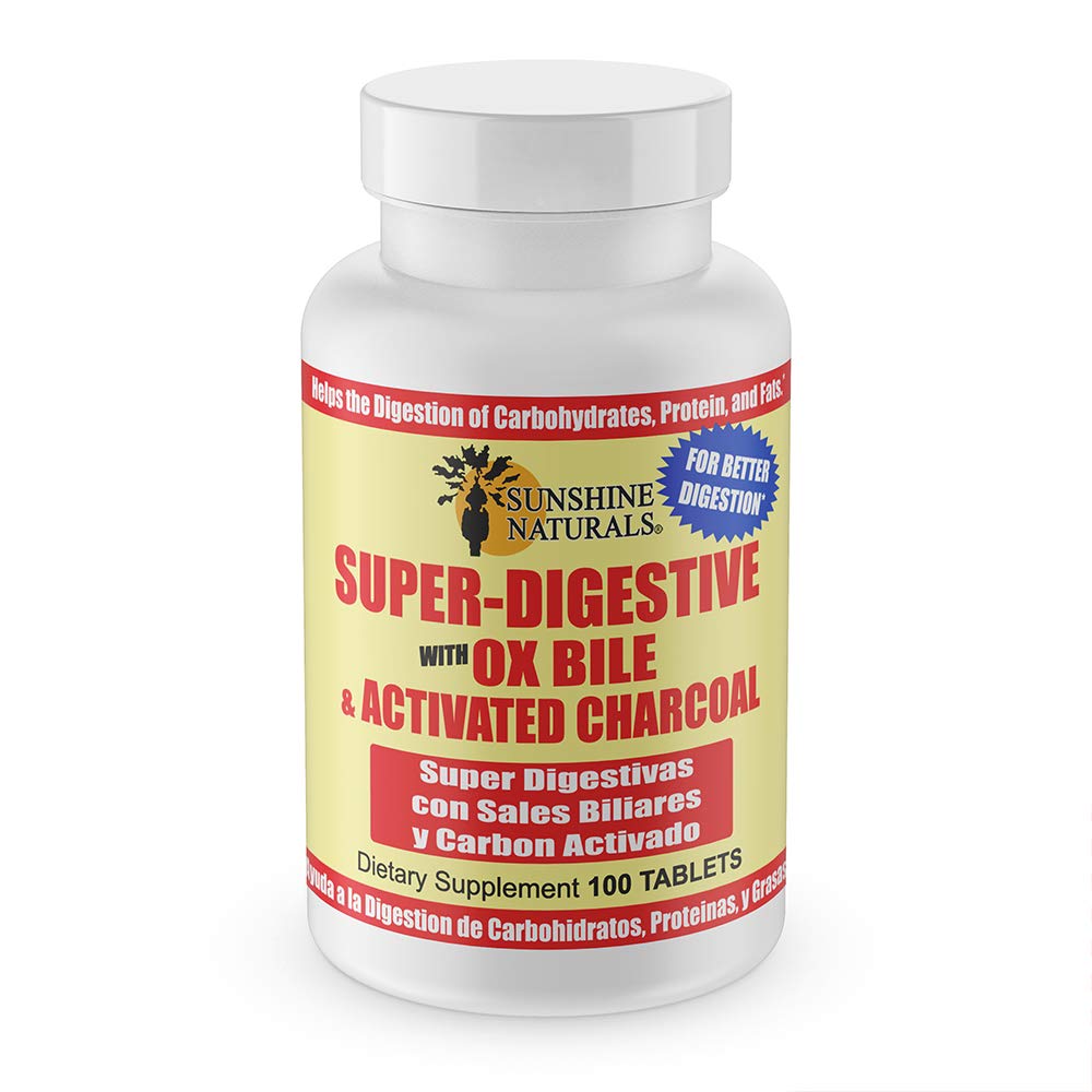Sunshine Naturals Super Digestive Supplement. Ox Bile & Activated Charcoal for Digestive Support, Bloating Relief, Gut Cleanse, Nutrient Absorption, and Promotes Overall Wellness. 100 Tablets.