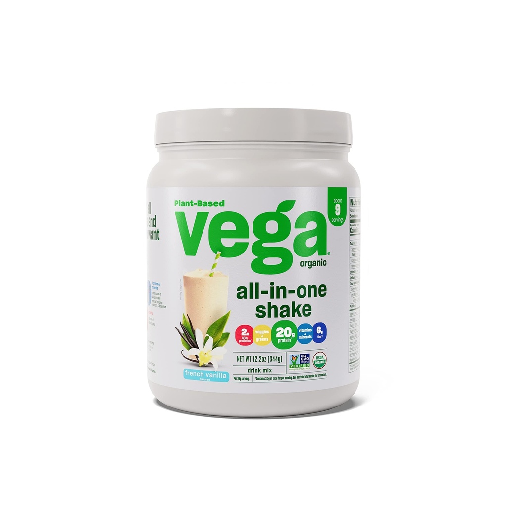 Vega אורגני All-in-One טבעוני אבקת חלבון, וניל צרפתית - Superfood Ingredients, ויטמינים לתמיכה בתחמושת, Keto Friendly, Pea חלבונים לנשים וגברים, 12.2 oz (Packaging May Vary)