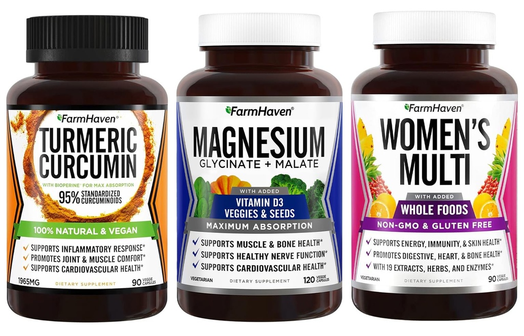FarmHaven Magnesium + Multivitamin לנשים + Turmeric Curcumin עם BioPerine Black Pepper