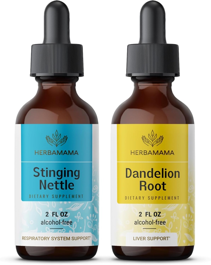 HerBAMAMA Herbal Liquid טיפות Kit - Bundle של Sting Nettle & Dandelion Root Tincture 2 fl oz - טבעוני, non-GMO, Sugar & אלכוהול חינם - 2 Pack