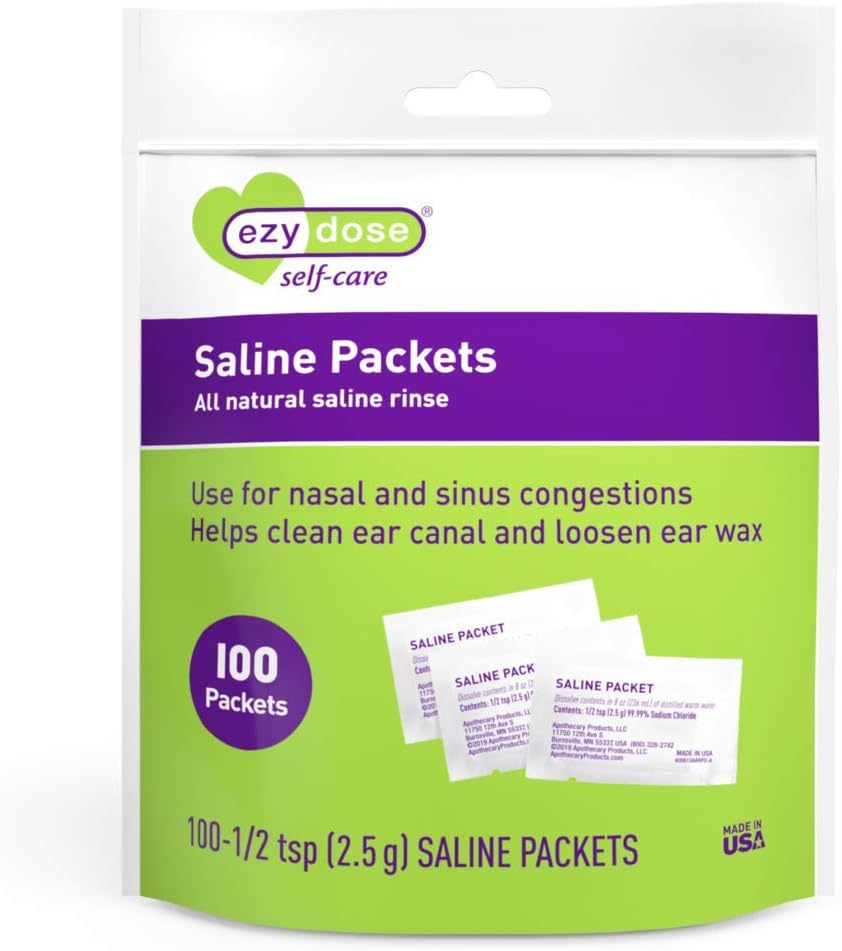EZY DOSE Saline Nasal Rinse Packets, Individually Wrapped Sinus Refill Packets, Nasal Relief, 100 Count, Made in the USA