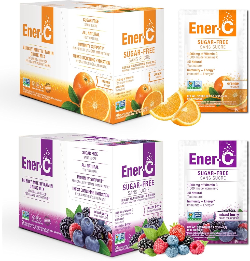 Ener-C Sugar חינם Multivitamin לשתות Mix - אבקת ויטמין עבור מים, אבקת אלקטרוליטים No Sugar, hydrotion Boost Packets, Zero Sugar, ויטמין C & B12 תוספת של Mix - כתום & ברי, הרוזן 60