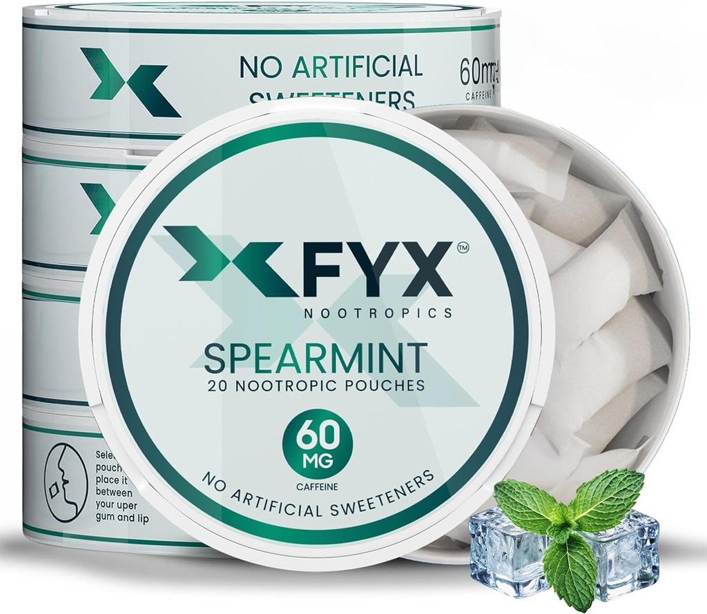 FYX Caffeine Nootropic Pouches - אנרגיה נקייה להתמקד עם Alpha-GPC, L-Tyrosine & L-theanine - 60 מ"ג Caffeine Pouches - Cat-Free Alpha Nootropic Pouches - 5-Pack (5-Count, Spearmint)