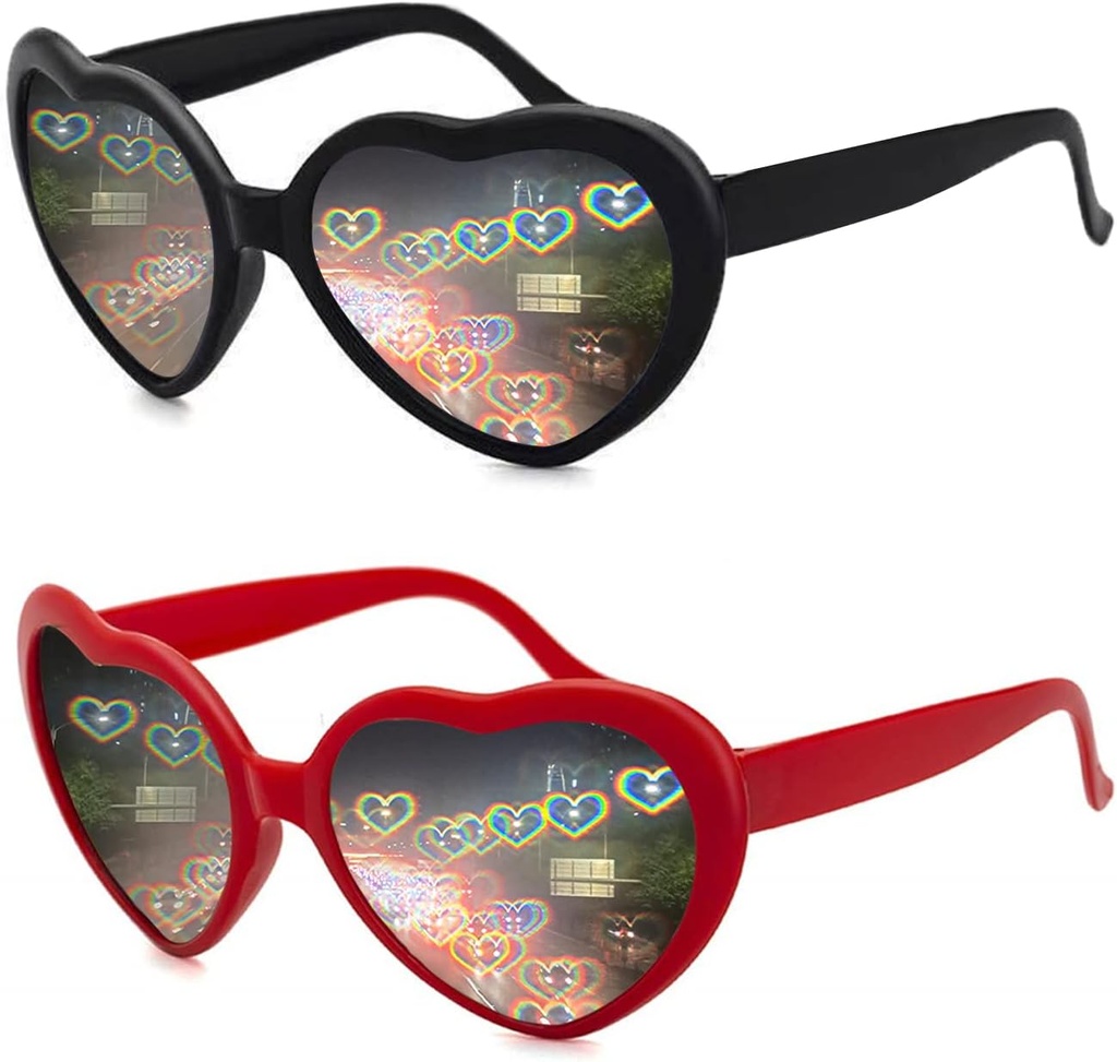 2 Pack Heart Shaped Diffraction משקפיים לנשים, Heart Effect Sunglass הם מושלמים עבור Valentines Day אביזרים, Rave Party, מסיבת חתונה, ערב מוסיקלי, Fireworks Shows.