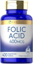 Carlyle Folic Acid 400 mcg | 400 טבליות | Vegetarian, non-GMO, Gluten Free Supplement