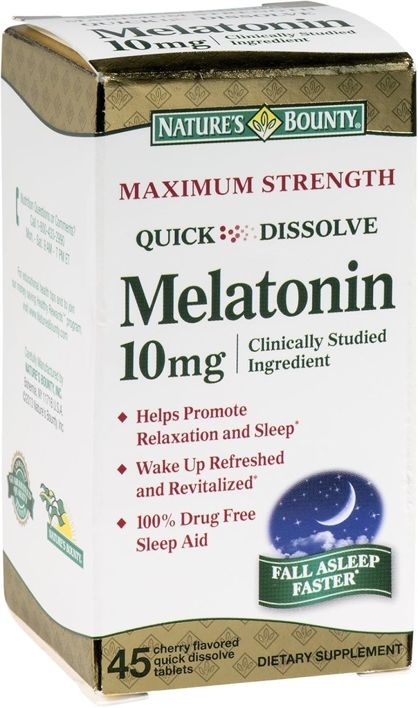 האותיות הקטנות של Nature's Bounty Melatonin 10 מ"ג Quick Dissolve Tablet 45 ea (Pack of 3)