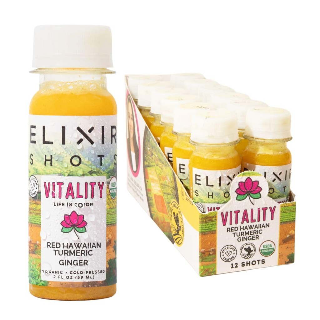 Elixir Shots, Vitality Immunity Wellness Shot עם 100% אורגני Ingredients, רד הוואי Turmeric, פרואני ג'ינג'ר, Pineapple ו Black Pepper, No Sugar או Artificial Additives, 12 Pack