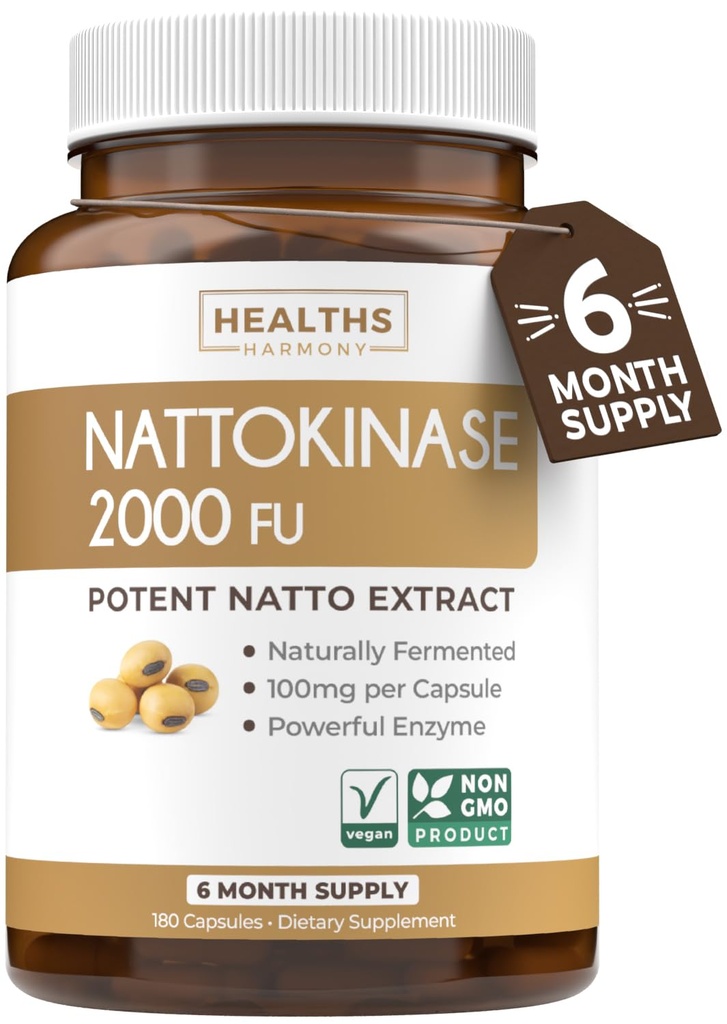 Healths Harmony Nattokinase 2000 FU (Non-GMO) תוסף Powerful Nattokinase עשוי באופן טבעי Soybeans - (6 חודשים אספקה) 180 קפסולות נטוטו טבעוניות