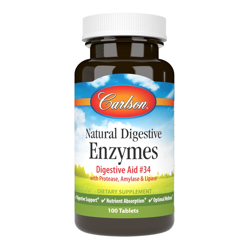 קרלסון - Natural Digestive Enzymes, Digestive Aid #34 עם Protease, Amylase & Lipase, תמיכה מזיקה, בריאות תזונתית ואופטימלית, 100 טבליות