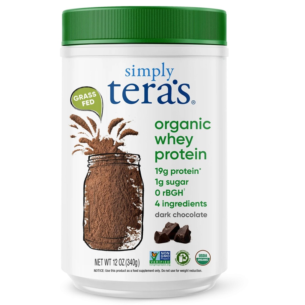 פשוט אבקת חלבון אורגני Whey של tera - Grass פד Whey חלבון אבקת ללא ממתקים מלאכותיים, נקי, non-GMO, Gluten-Free - Dark שוקולד, 12 Oz