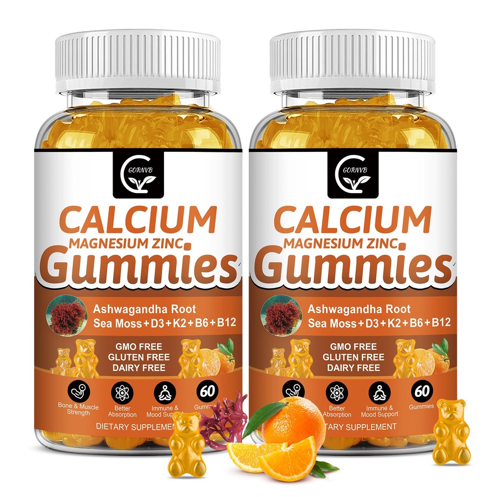 1200mg Calcium חניכיים עם ויטמין D3,K2,B12 & B6 - Plant Complex Calcium Magnesium תוספת עם Glycinate,Potassium,Sea Mos,Ashwagandha Root for העצם & שיניים כוח, שריר & Immune-2 Pack