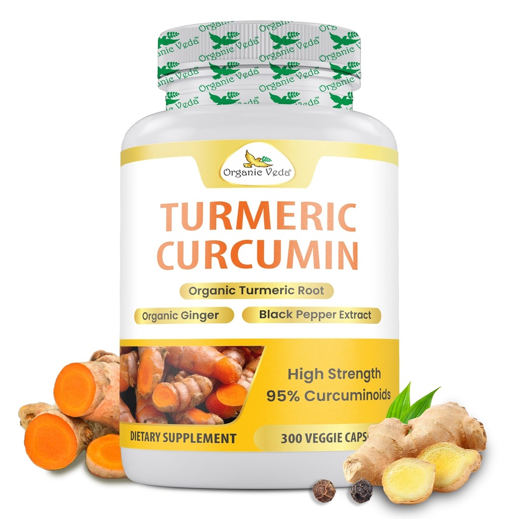 אורגני Veda Turmeric וג'ינג'ר קפסולות 300 גלולות - אורגני Turmeric Curcumin עם Black Pepper עבור תמיכה משותפת - non GMO, Gluten Free, Turmeric ו-Ging תוספת (95% כורכואידים)