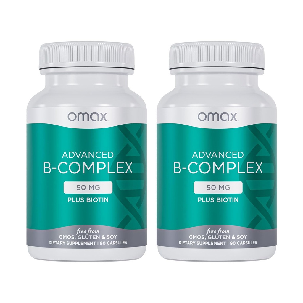 Omax3 2 בקבוקים - ויטמין B מורכב 50MG עם Biotin | שיער חזק ושיני, Skin Nails, Support Stress, Immunity, Energy Metabolism, 90 קפסולות / אספרבק