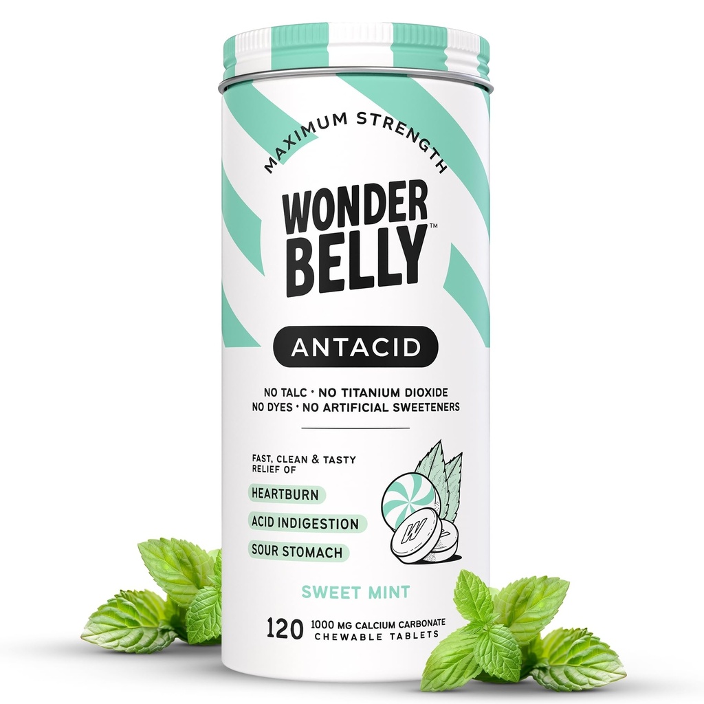 Wonderbelly Antacid, לבבורן יעיל ו מיידית Acid Indigestion הקלה, טבליות תוספת כוח Chewable, 1000 מ"ג Calcium Carbonate, No Talc או Dye, Sweet Mint, Count 120