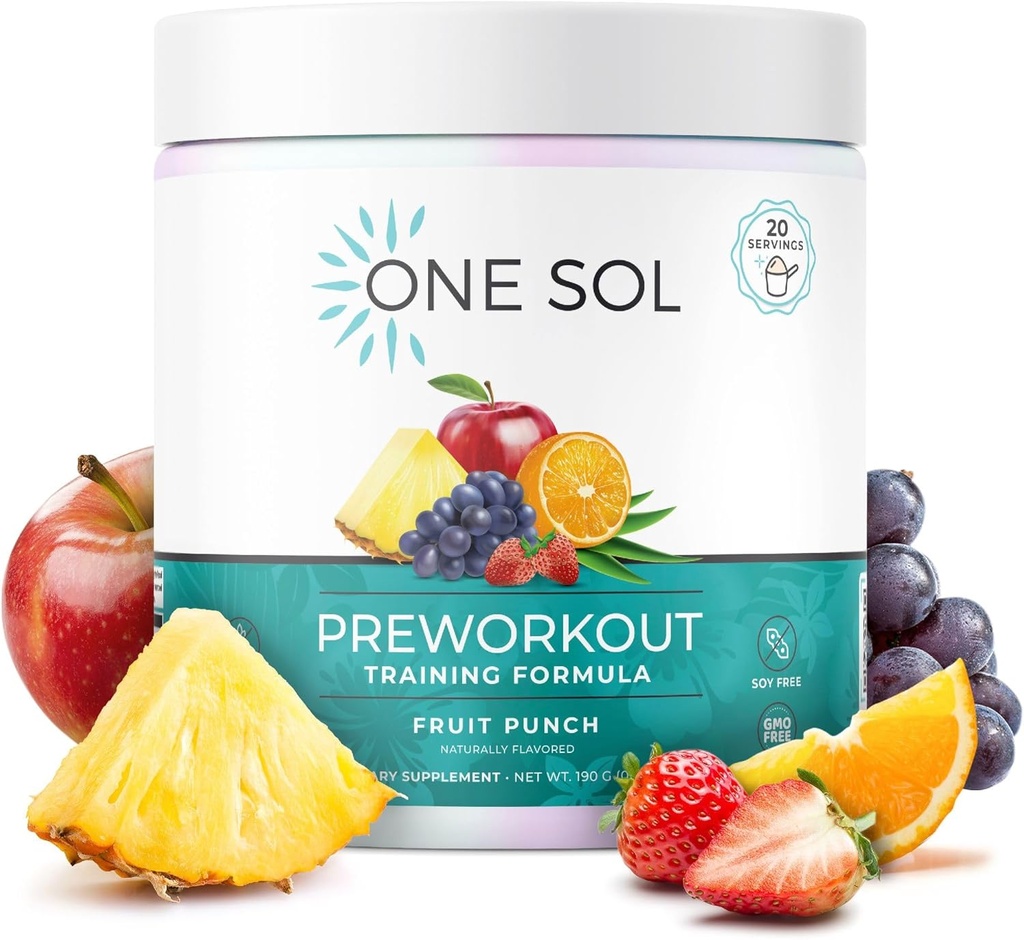 One Sol Pre-Workout for Women, Enhanced Pump & Focus, No Jitters Or Crash, Natural Ingredients, 100% טבעוני, Gluten Free & Soy Free (Fruit Punch)
