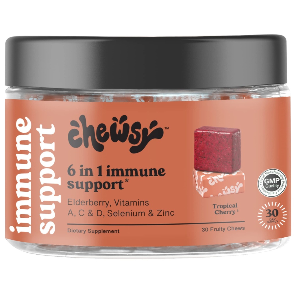 Chewsy 6-in-1 Immune תומך תוספת פירותy צ'ws עם Elderberry, ויטמין C, A & D, Zinc & Selenium - 30 יום אספקת 30 יום, באופן אישי עופות ויטמינים Chews למבוגרים וילדים (1)