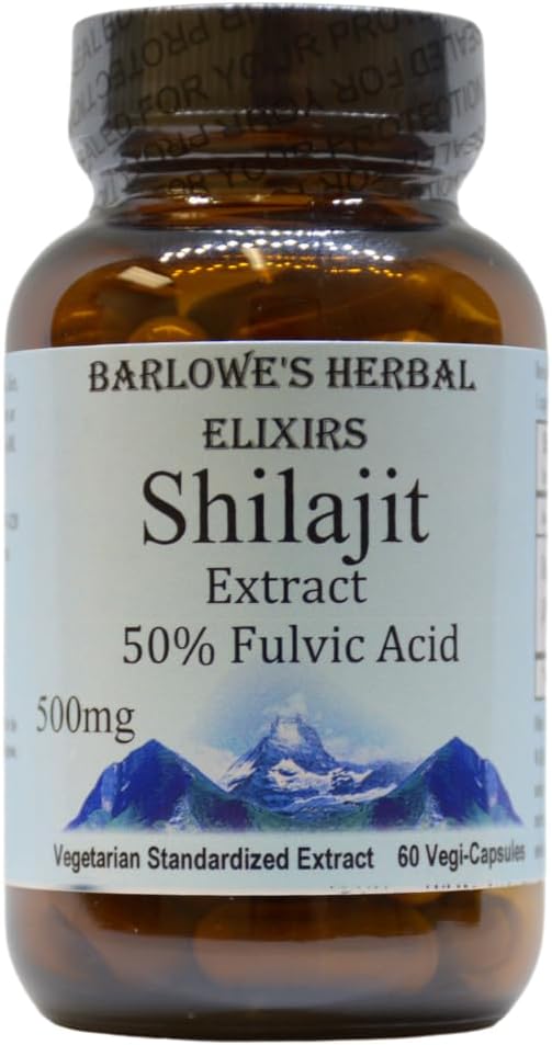 הבא Barlowe's Herbal Elixirs Shilajit לחלץ | 500 מ"ג פר קפסולה | 50% Fulvic Acid | מינרל-Rich ההימלאיה עבור Vitality & Wellness | 60 קפסולות טבעוניות | Non-GMO, Gluten-Free, Glass Bottled