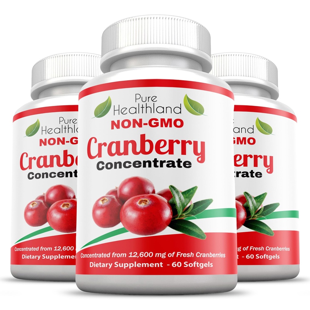 Non-GMO Cranberry Concentrated מ 12,600 מ"ג - משולש חיזוק Softgels - Easy to Swallow Pills for Men & Women, 3 בקבוקים
