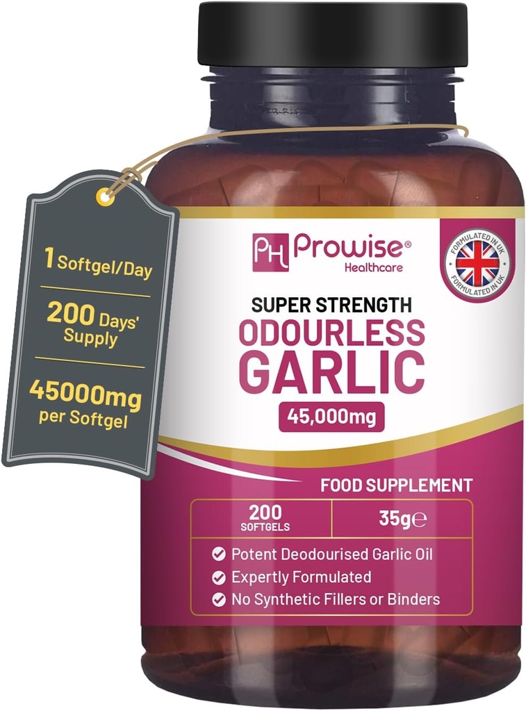 Premium Odourless Garlic כמוסות | 45,000 מ"ג ל Softgel | 200 Softgels (לא טבליות) Super Highחוזק גבוה | Cold Pressed and Deodourated Premium Garlic Oil Extractis from Allium Sativum