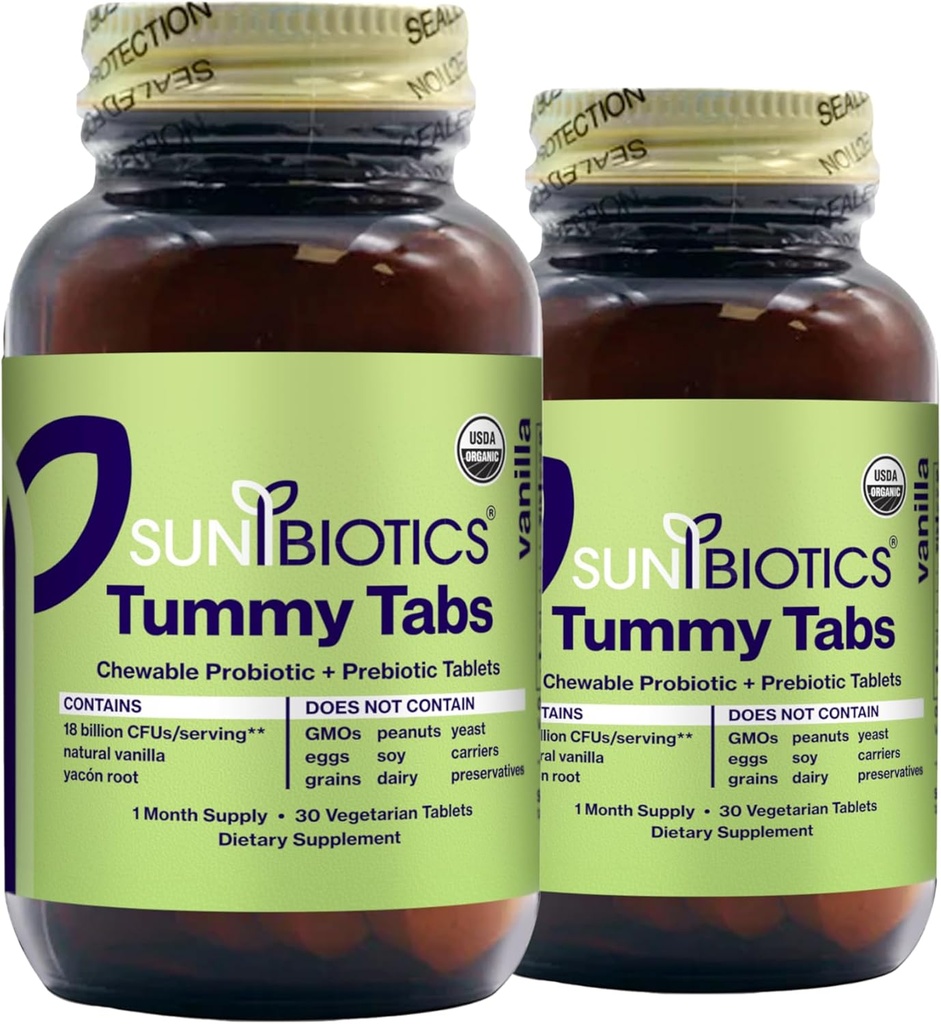 SunBIOTICS Tummy Tabs - טבליות פרוביוטיים ופרוביוטיים עם 18 מיליארד CFUs של 4 Probiotic Strains עבור Good Gut פלורה, מערכת החיסון, & Balanced Microbiome - וניל, (Pack of 2)