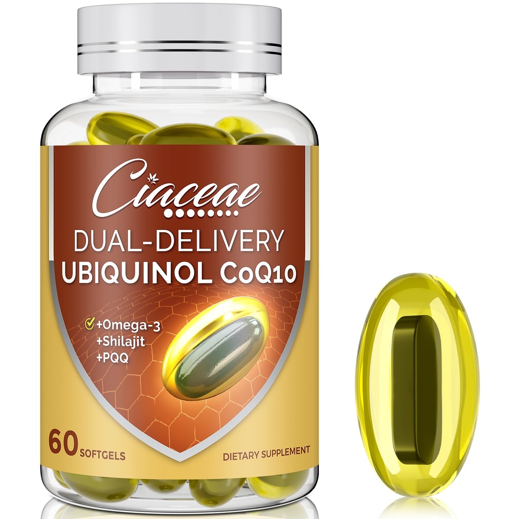 Ubiquinol CoQ10 600 MG Softgels עם אומגה 3 ו Shilajit & PQQQQ, מתקדם כפול-Delivery Coenzyme-Q10, Active CoQ10 Ubiquinol תוסף לפוריות, Antioxidant, Heart, Brain & Energy, 60 משרתים