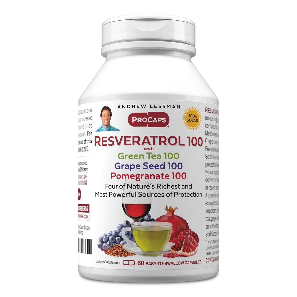 ANDREW LESSMAN Resveratrol 100 עם תה ירוק 100 Grape Seed 100 Pomegranate 100 מ"ג - 60 קפסולות - ארבעה Powerful, Protective Anti-oxidants.