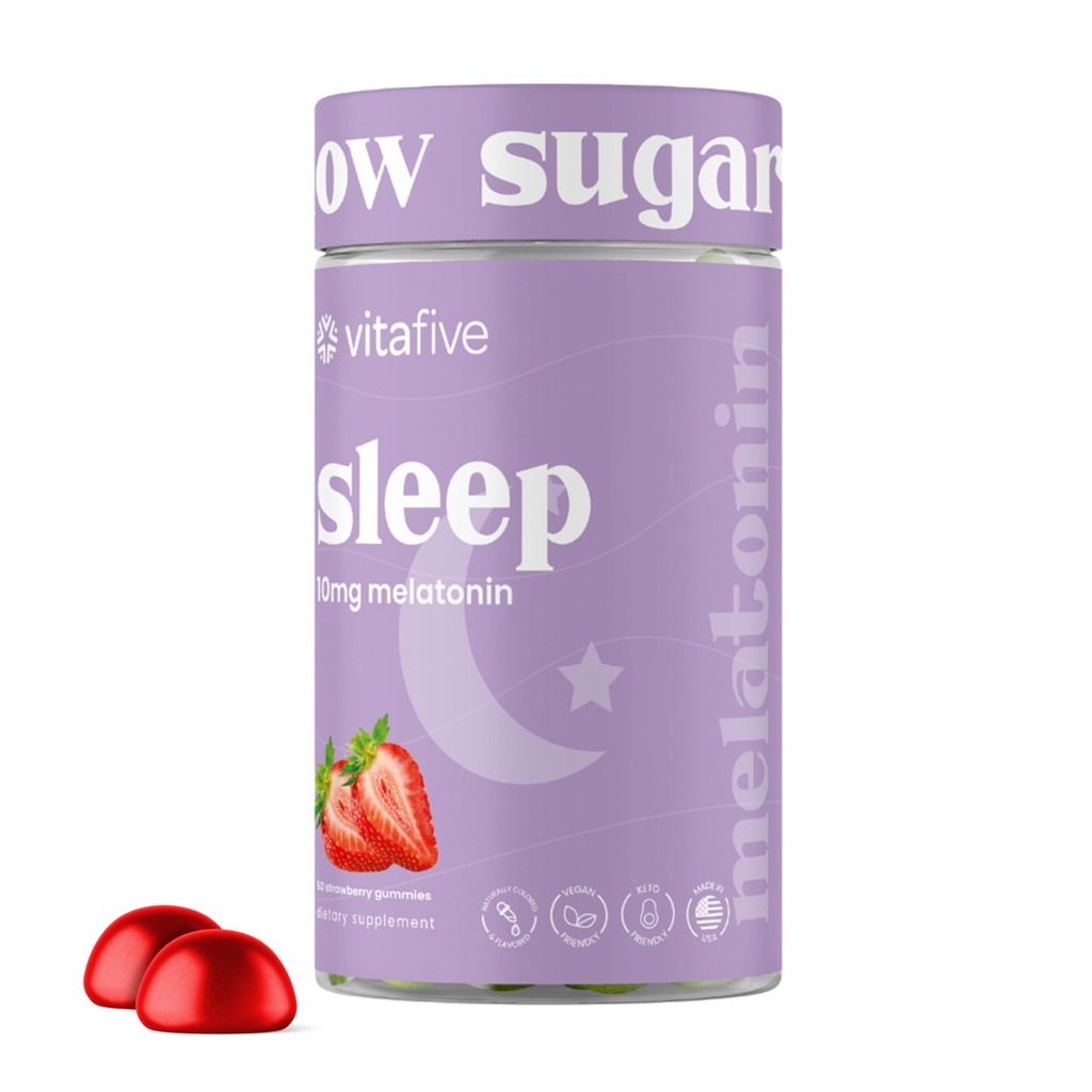 vita5 תוספת כוח מלטונין חניכיים, 10 מ"ג מלטונין, Sleep Aid for Adults, Low Sugar, Vegan, Gluten Free Melatonin Supplement (50 Ct)