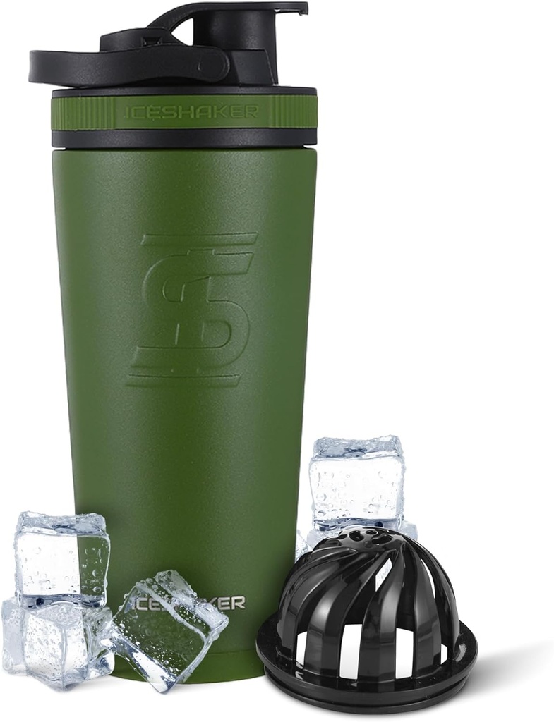 Ice Shaker Insulated Stainless Steel Shakerבק | 26oz, גרין | Cold for 30+ Hours | Insulated Cup with Twist-on Agitator