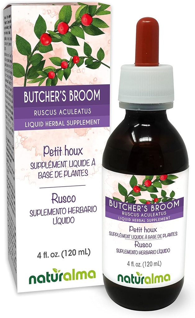 Naturalma Butcher's Broom (Ruscus aculeatus) Root Alcohol-Free Tincture - 4 floz Liquid Extracts - Herbal Supplement - טבעוני