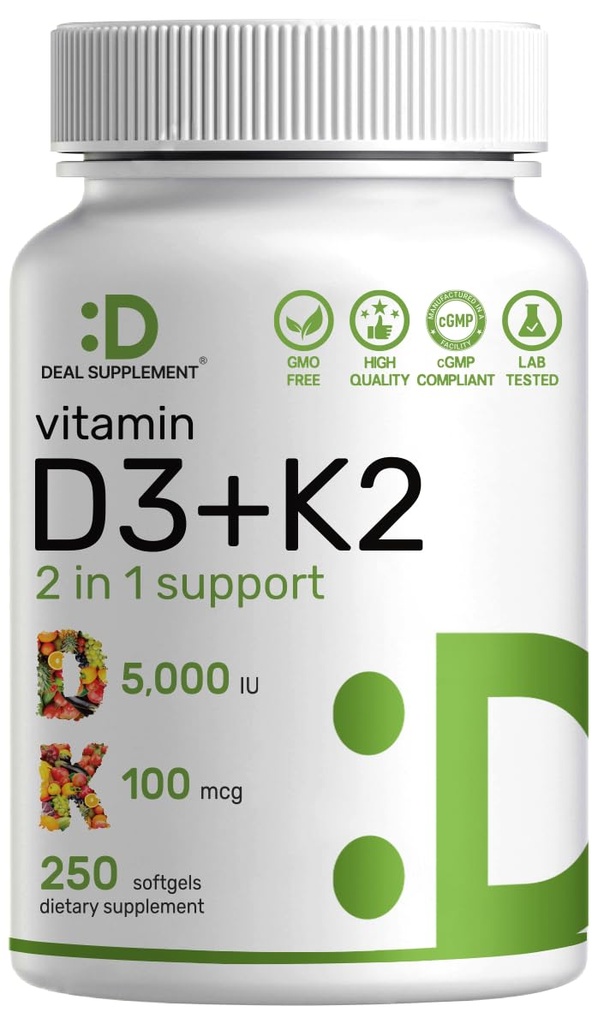 ויטמין D35,000 IU + K2 MK7 Softgels, 250 Count | 2in-1 Complex | Easy to Swallow