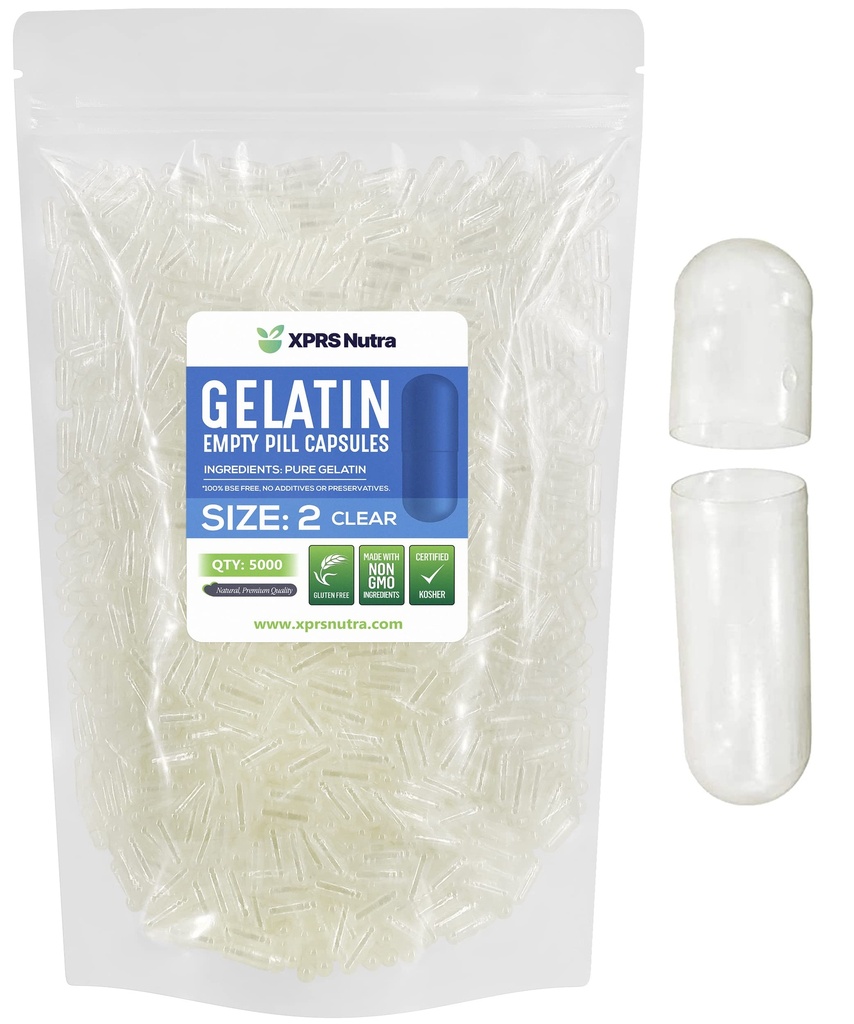 XPRS Nutra Size 2 קפסולות ריקות - 5000 Count Clear Gelatin קפסולות - Pills DIY כמוסות מילוי - Pure Bovine Pill Gel Caps for Do-It-Yourself Supplements