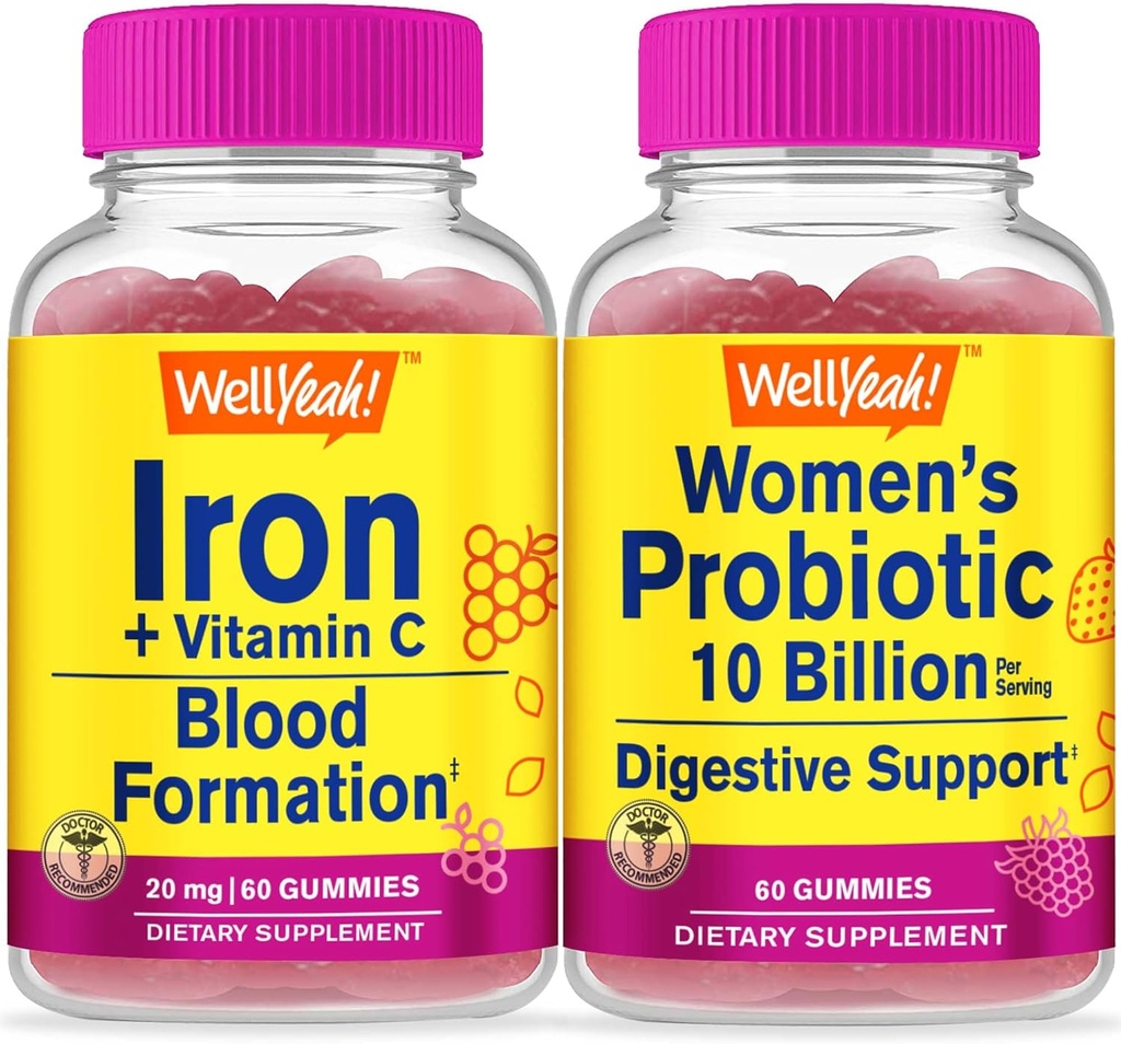 ובכן, ברזל +Vitamin C + Probiotics נשים 10B CFU, חניכיים Bundle - גדול Tasting, ויטמין תוסף, Gluten Free, GMO חינם, Chewable Gummymymymy
