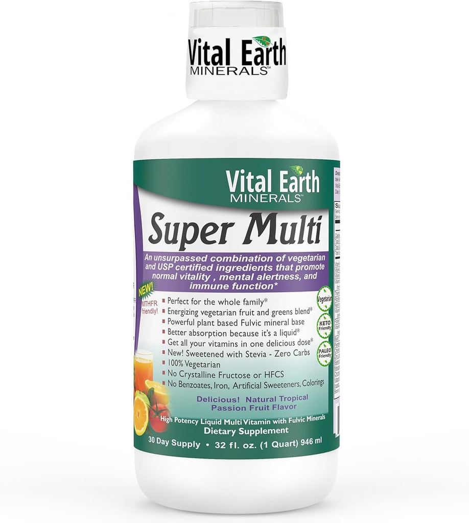 Vital Earth מינרלs Super Multi-Livitamins for Women, Men & Kids, ויטמינים נוזליים עם Fulvic Acid for Better Absorption, MTHFR תמיכה, 32 Oz + 1 Oz Cup