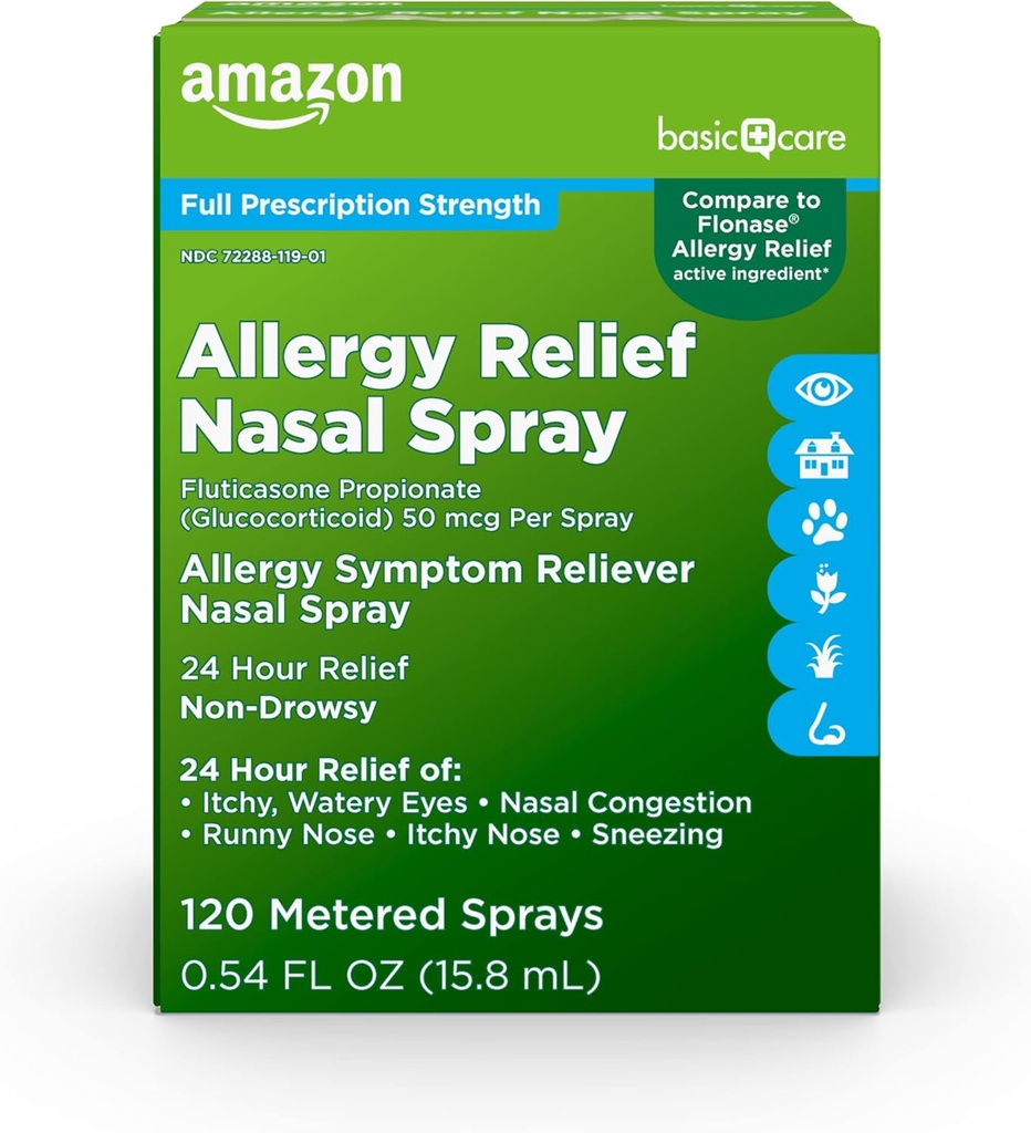 טיפול בסיסי 24Hour Allergy הקלה Nasal Spray, Fluticasone Propionate (Glucocorticoid), 50 mcg Per Spray, כוח פרס מלא, non-Drowsy, 0.54 oz (Pack of 1)