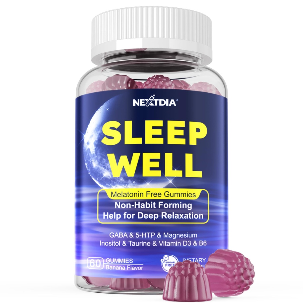 Melatonin Free Sleep Gummies, עם Magnesium Glycinate, GABA, 5-HTP, L-theanine, ולריאן, Chamomile, Lemon Balm, ויטמין D3 & B6 - הורמון ותרופה חינם, לא-Habit Forming, Sugar חינם חינם בחינם.