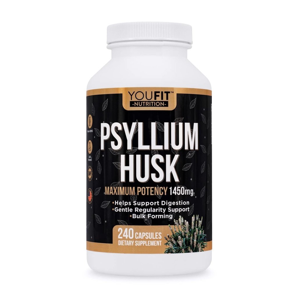 PSYLLIUM Husk כמוסות - Premium Psyllium סיבים - מקדם בריאות וסדירות - 100% טבעי Soluble סיבים 1450mg Per המשרת - 240 קפסולות