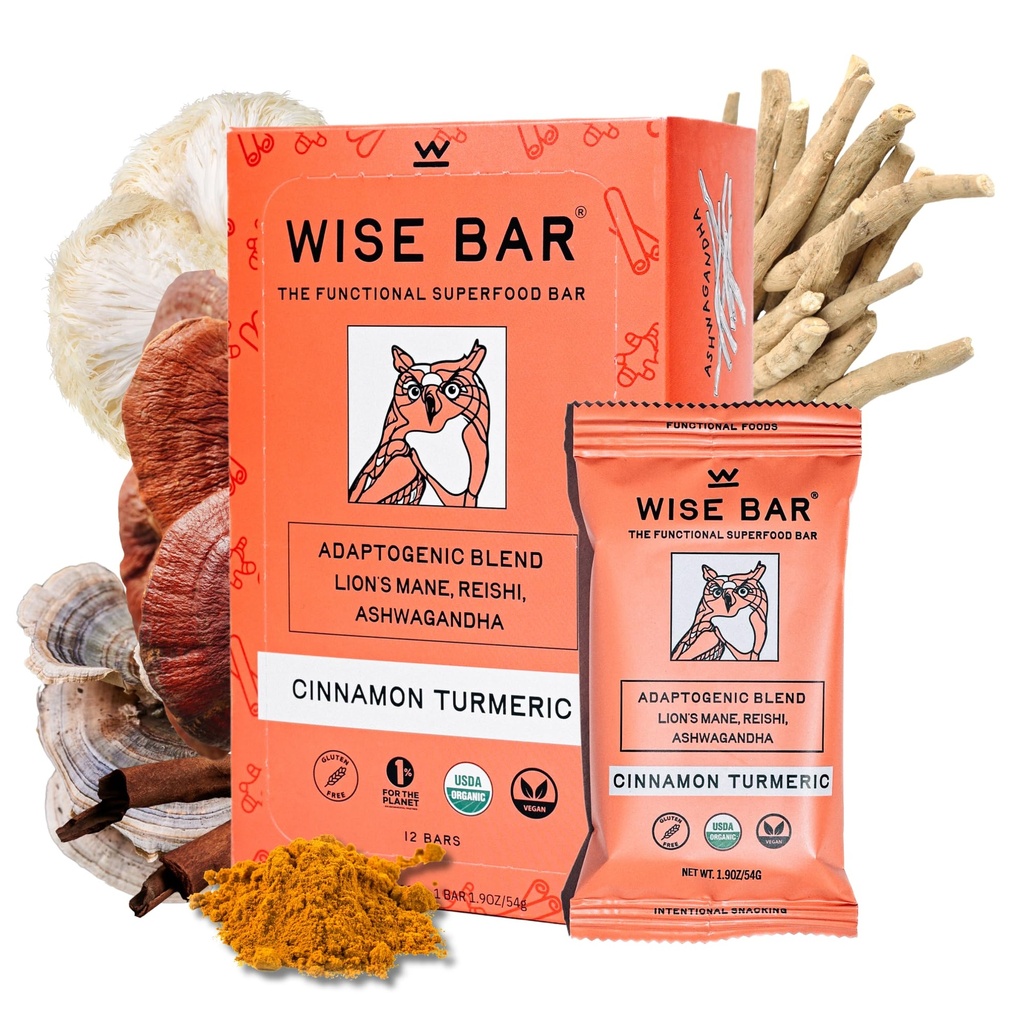 WISE BAR Fitogen Mushroom Nutrition Bars with Reishi, Lions Mane & Ashwagandha, אורגני טבעוני וגלוטן חינם חטיפים עבור טבעי להתמקד, אנרגיה ותחמושת תמיכה, Cinnamon Turmeric Flavor, 12 הרוזן הרוזן ספירה