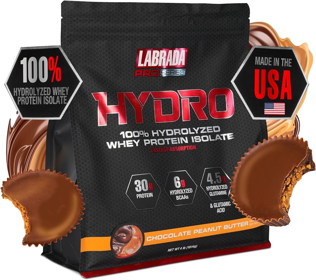 LABRADA מימן 100% טהור hydrolyzed Whey חלבון אבקת Isolate, Lactose חינם, Glutamine, Fastest Digest זמין, מיידית ערבוב, טעים 45 לשרת 4lb (Peanut Butter)