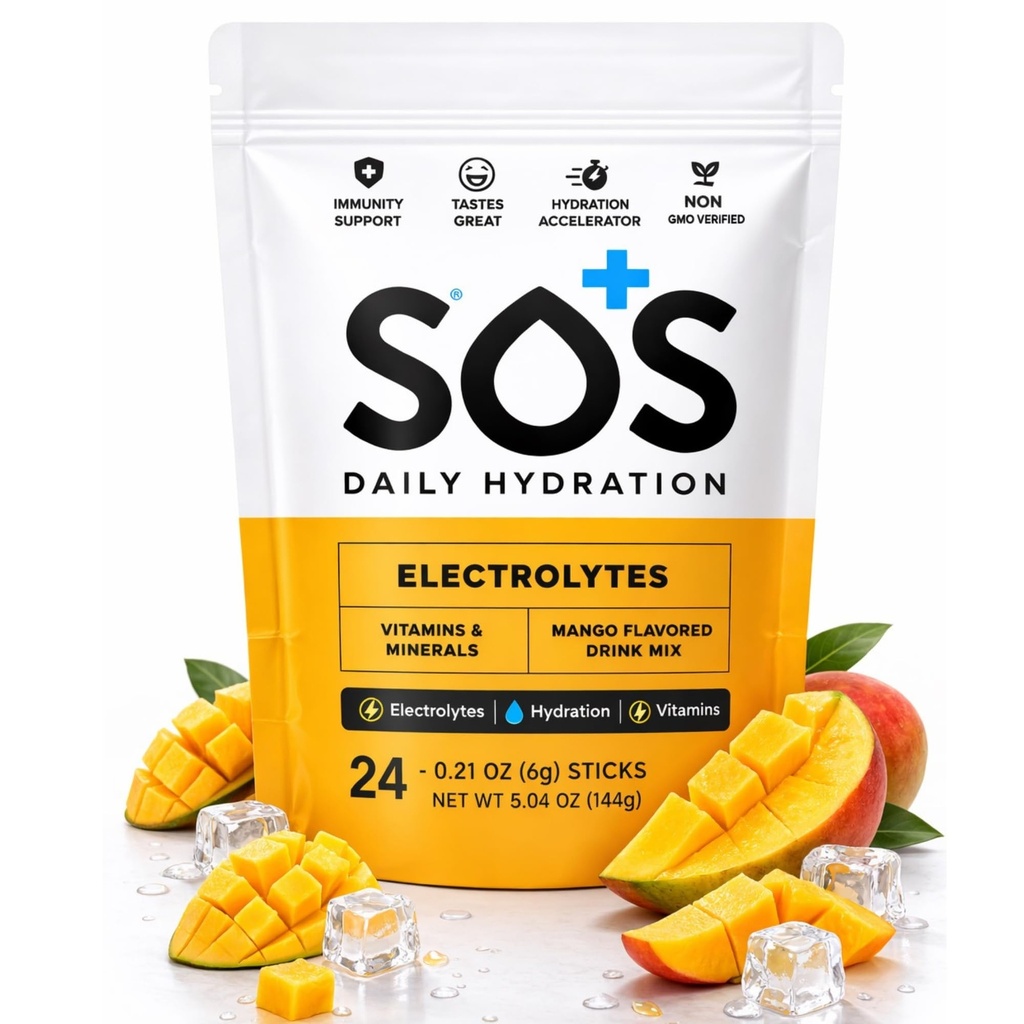 אבקת SOS hydrolyte שתי לערבב | 24 מנות | ויטמינים חיוניים נמוך סוכר Keto-ידידותי | מנגו