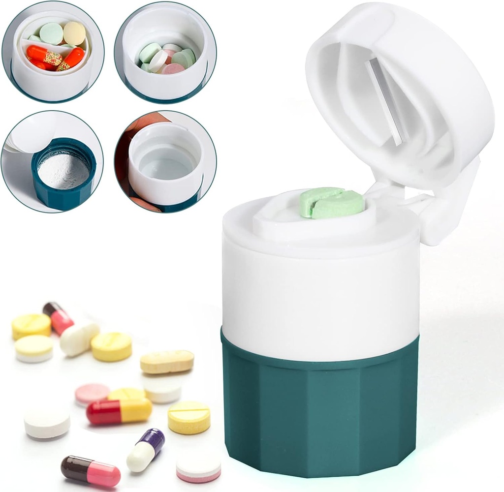 Pill Crusher and Cutter, Pill Grinder for Small Pills and Vietnams, Pill Crusher Grinder Fineאבקה, 4in-1 רפואה Pulverizer Grinder, Pill Cutter with Medicine Storage