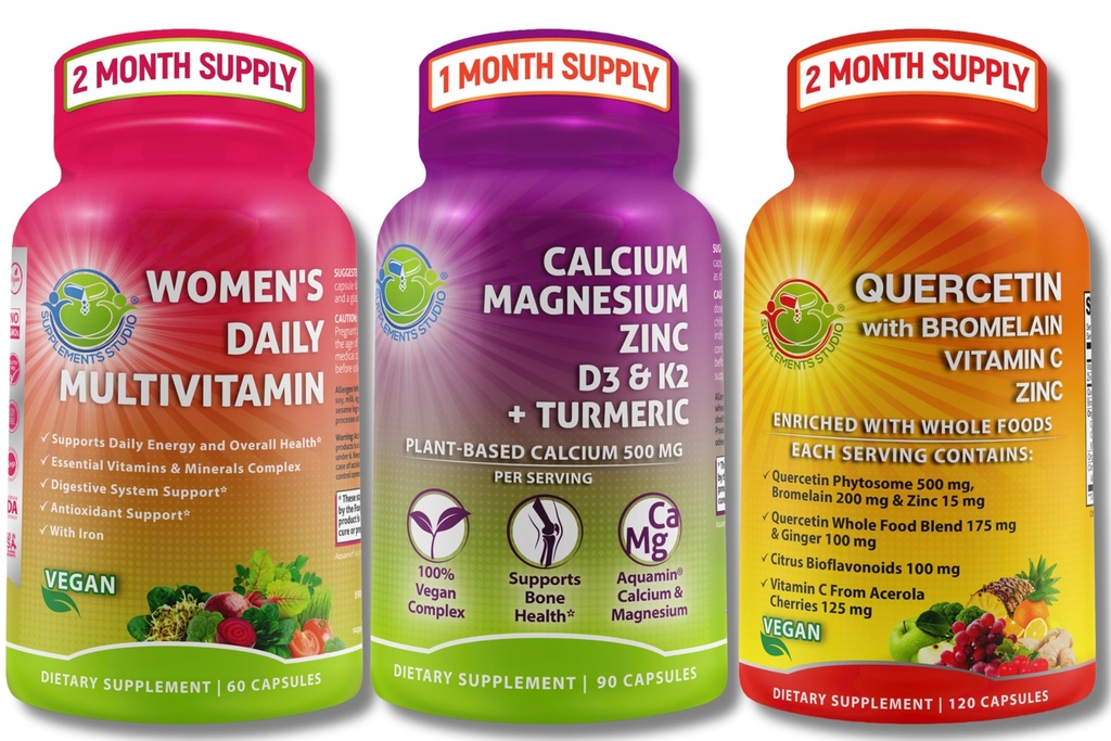 צמחי מבוסס Immune, Bone & Energy Support Bundle - Quercetin עם Bromelain, ויטמין C & Zinc + Calcium Magnesium עם D3, K2 & Turmeric + נשים של Multivitamin עם Iron & אורגני Superfoods