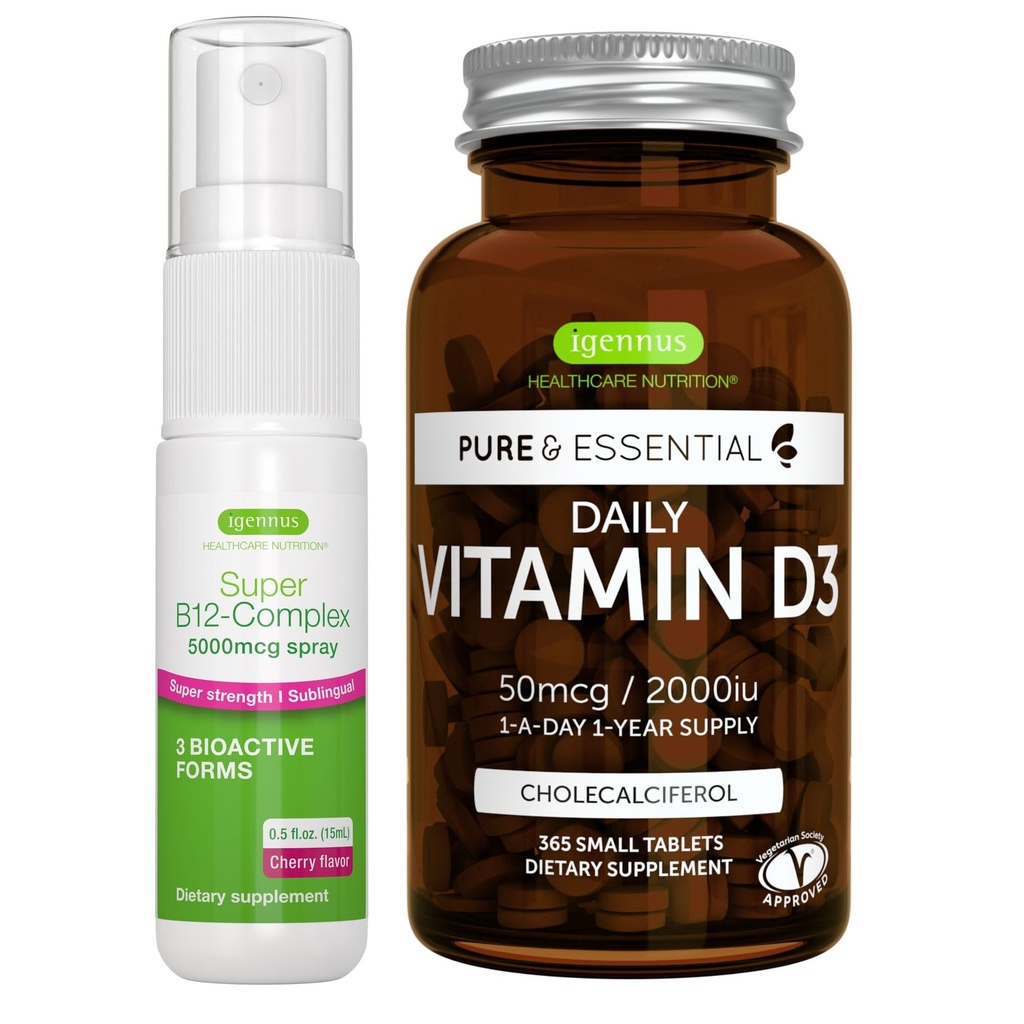 ויטמין D3 + Super B12-Complex 5000mcg Vegetarian Bundle, 365 2000io ויטמין D3 Tablet + High Power B12 Cherry Flavor Sublingual Spray, by Igennus