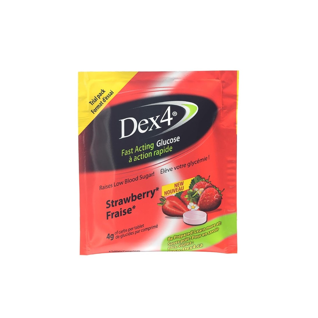 Dex4 Glucose Tablet, Strawberry, 48 Individual Pocket Packs מכיל 4 טבליות, כל Tablet מכיל 4g של carbs