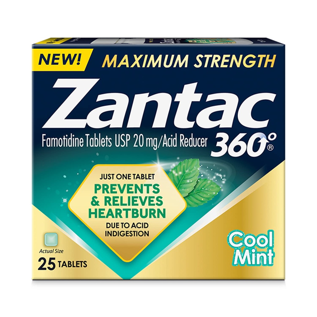 Zantac 360 כוח מקסימלי, Cool Mint, 25 Count, Heartburn Prevention & Relief, 20mg טבליות